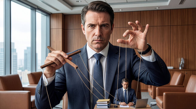 A powerful businessman controlling a miniature employee like a puppet in a corporate office