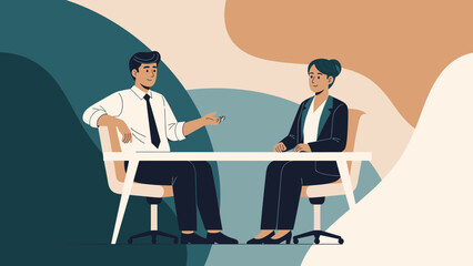 Obraz premium Business meeting: man and woman discussing at table, modern abstract background