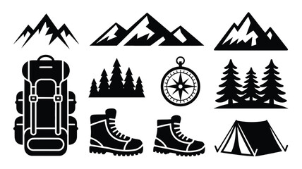 Black and white vector icons of hiking boots backpack tent compass mountains and trees for outdoor adventure and travel themes © Somiran