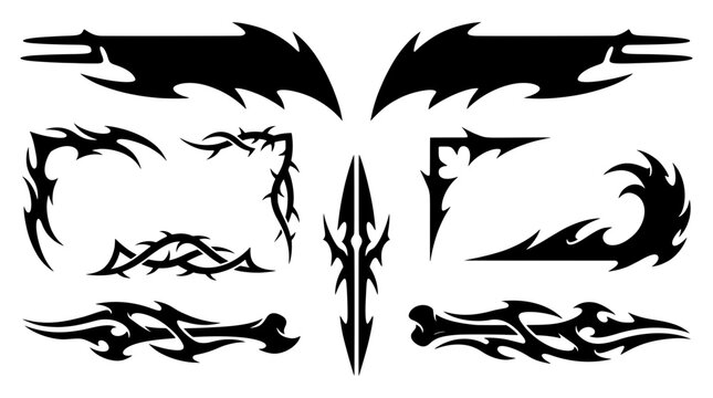 Collection of black tribal wing banners, thorny vine frames, and sharp gothic dividers. Ideal for y2k decals, edgy tattoos, and bold game graphics