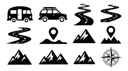 Black and white vector illustration set featuring travel icons including cars mountains winding roads compass and map pins for adventure and navigation themes © Somiran