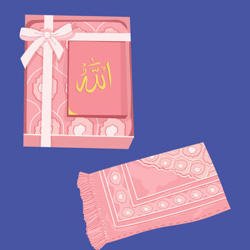 Pink Gift Box With Islamic Calligraphy , Pink Prayer Mat With floral Pattern 