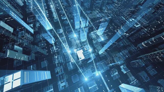 Travel through high-rise buildings of technology city, Digital 3D Holographic Render of Futuristic Business City. Technological Interconnected Lines, World Wide Web, Internet Connectivity, Big Data.