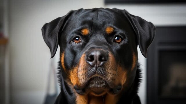 A close-up portrait of a large black and tan dog with a wrinkled face