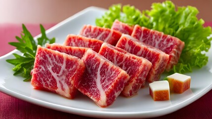 Fototapeta premium Plate of raw premium beef cuts, marbled meat, with lettuce and parsley garnish, ready for cooking.