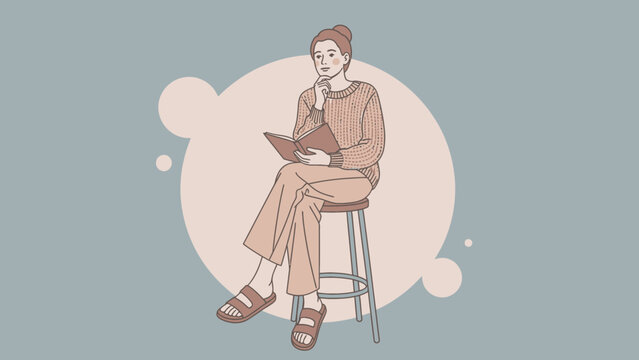 Thoughtful woman reading a book while sitting on a stool, minimalist illustration