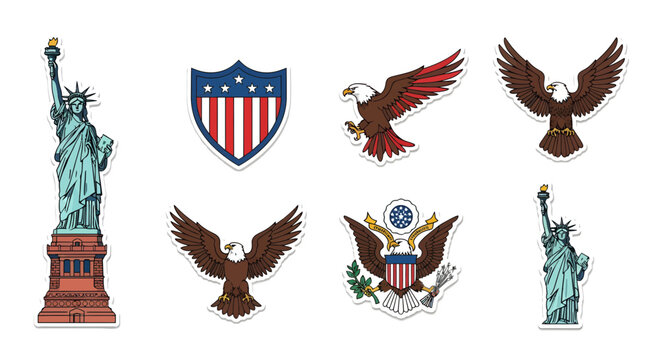 USA Patriotic Symbols Sticker Set with Statue of Liberty and Bald Eagle