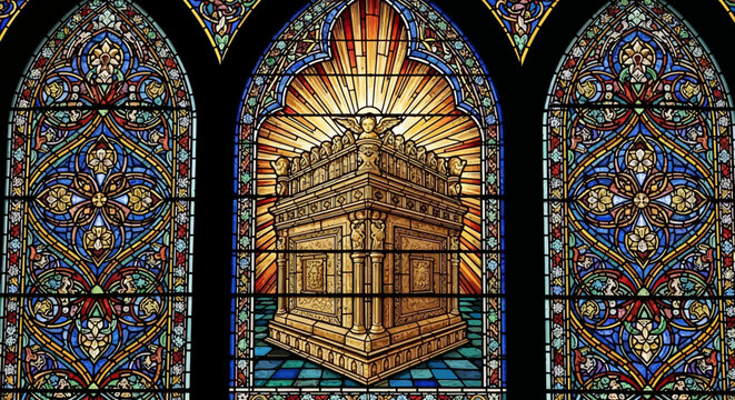 Stained glass window depicting the Ark of the Covenant in a church