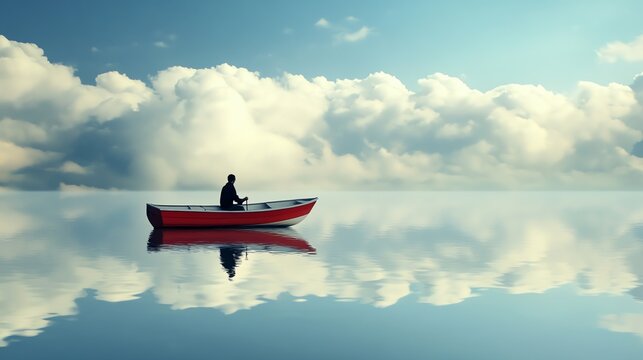 Man in Small Boat on Calm Water with Cloud Reflection &ndash; Minimalist Concept