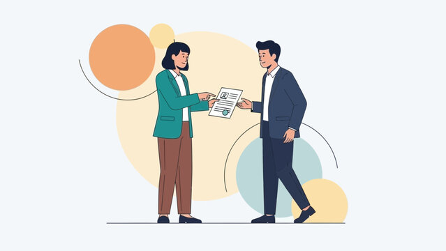 Business meeting: woman giving document to man, abstract circles background