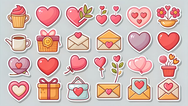 Cute cartoon valentine's day sticker collection including hearts letters and sweet treats ideal for decorating digital assets or crafting projects