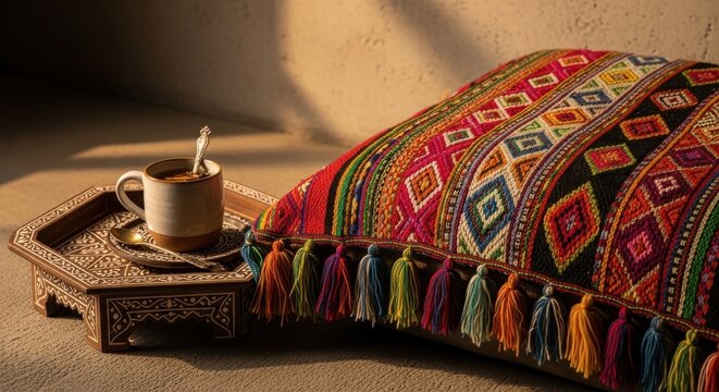 Vibrantly Colored Woven Textile Cushion with Tassels