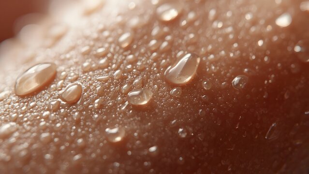 Extreme macro of smooth tanned skin surface covered in sweat beads