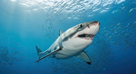 Obraz premium Great white shark emerges from school of fish in deep blue ocean waters majestic predator