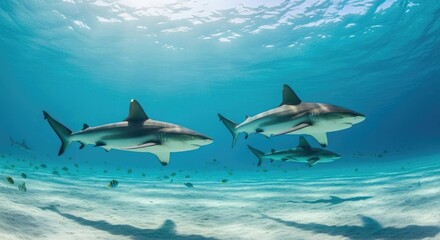 Naklejka premium Majestic reef sharks glide through crystal clear turquoise waters creating a stunning underwater scene of oceanic beauty and grace