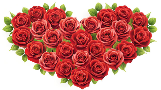 Beautiful floral heart shape arrangement made of many deep red roses and fresh green leaves isolated on clean white background symbolizing eternal love