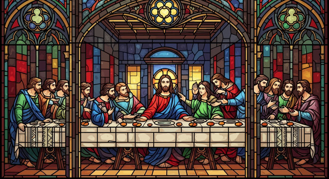 The Last Supper stained glass window Jesus and disciples