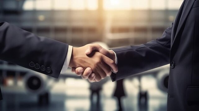 Handshake between two businessman in the airport. Businessmen shake hands in front of jet. concept in success, business, finance and cooperation with foreigner. Copy space, blurred background