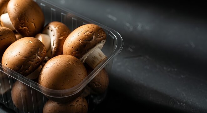 Fresh Brown Cremini Mushrooms in Clear Plastic Punnet on Dark Background, Ready for Culinary Use