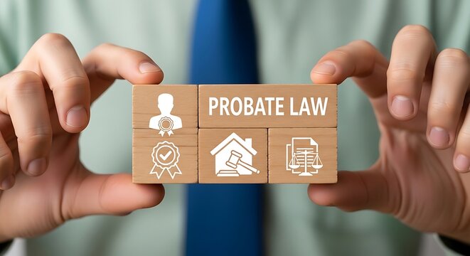 Hands holding wooden blocks with probate law symbols and text