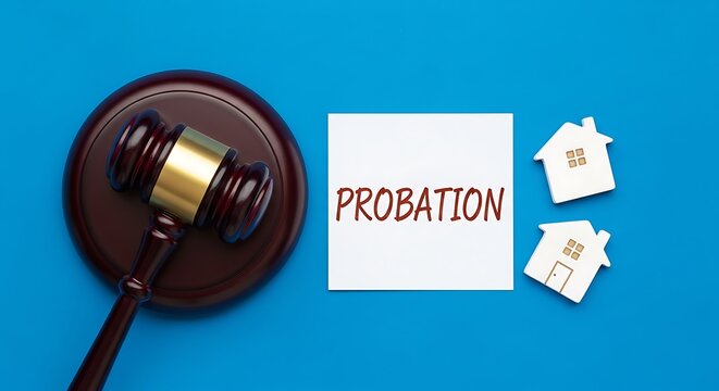 Gavel and homes with probation notice on blue background for legal concept