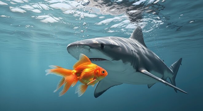 A great white shark encounters a tiny goldfish in the deep blue ocean waters