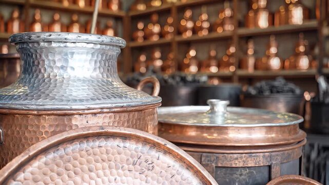 Traditional Copperware Workshop Displaying Handmade Pots and Pans.