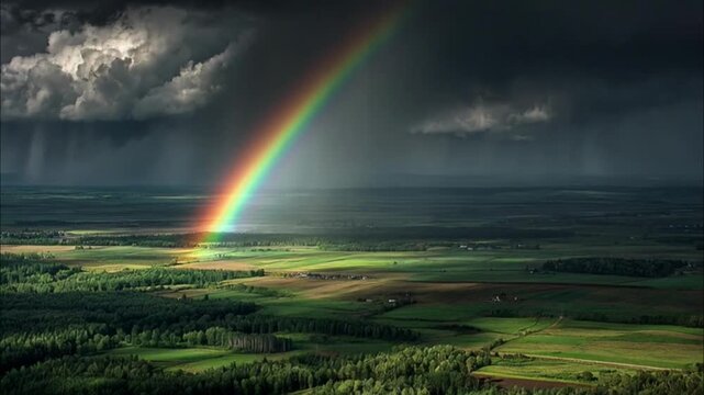 Rainbow over green landscape with clouds.