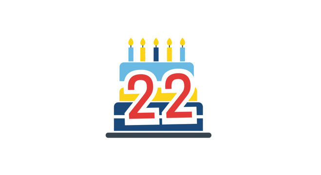 22nd Birthday Celebration Cake Vector Illustration Featuring Number Twenty Two Candles and Festive Party Decorations for Milestone Anniversary Event Design