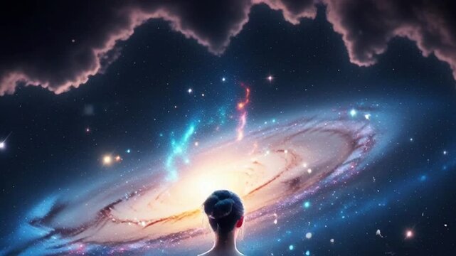 meditating woman in cosmic energy vortex with glowing lotus aura