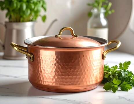 A copper pot with a lid on a kitchen counter