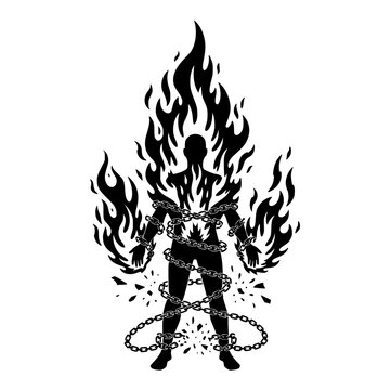 Silhouette of a person engulfed in intense flames, breaking free from constricting chains, symbolizing struggle, release, and transformative power.