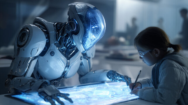 Robot and girl studying ai together future technology ai education futuristic learning robot assistant