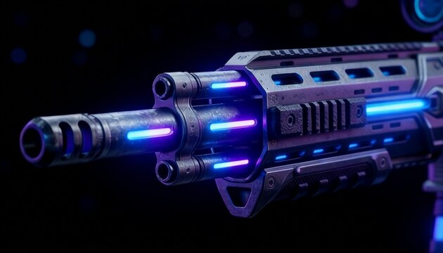 Close-up of a Futuristic Weapon Barrel with Neon Glowing Lines