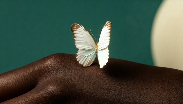 Detailed White Butterfly Resting on Textured Dark Skin