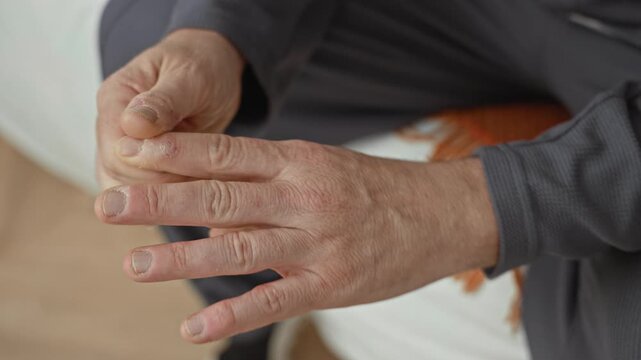 Middle age man with rough hands rubbing an injured thumb while seated on a bed inside a residential building, visible nail damage and peeling skin; quiet concern.
