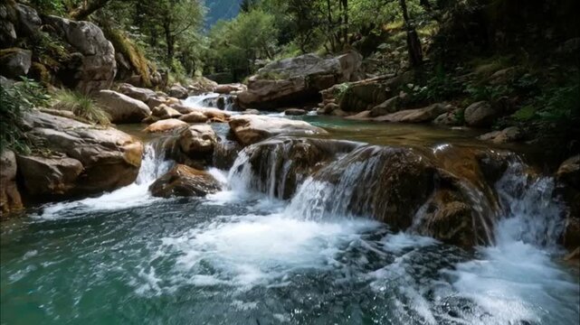 Small Waterfall in Rocky Stream.