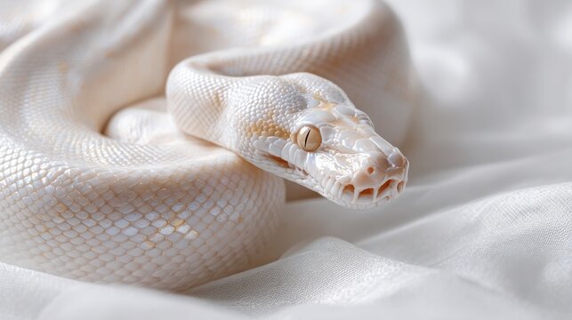 An albino ball python showcasing iridescent shimmering skin and distinctive pattern