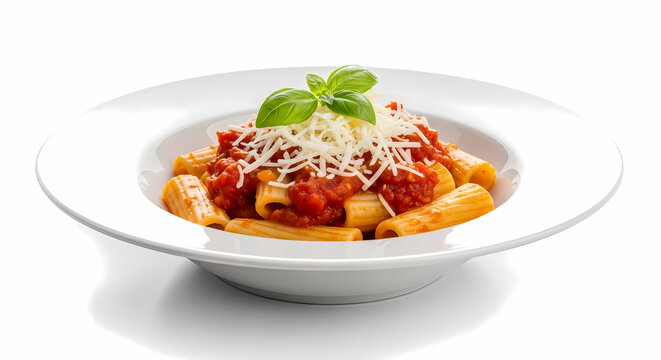Delicious rigatoni pasta, generously coated in a rich tomato sauce, topped with grated cheese and basil.