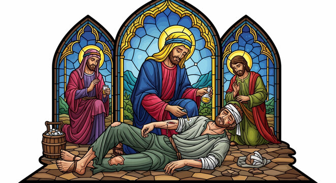 The Good Samaritan parable stained glass Jesus helping a wounded man