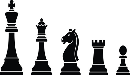 Set of black chess piece silhouettes including king queen knight rook and pawn isolated on white background, CAD drawing flat vector illustration © ShreeBani