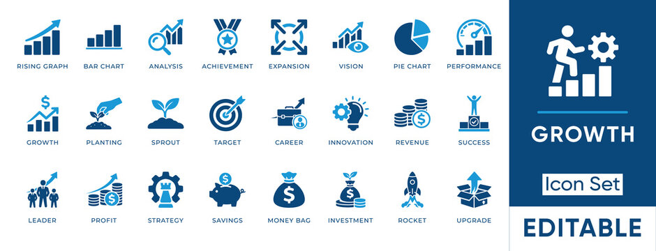 Growth icon set. Containing rising graph, expansion, performance, revenue, success, profit, investment and more. Solid vector icons collection.