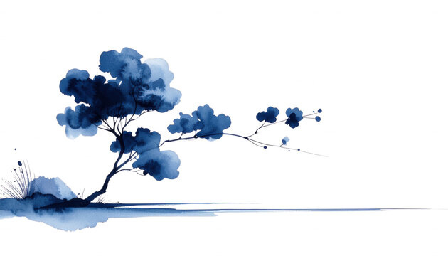 Pintura aquarela azul minimalista de uma &aacute;rvore com galhos e folhagem abstrata, refletida em uma superf&iacute;cie, evocando serenidade e arte oriental.