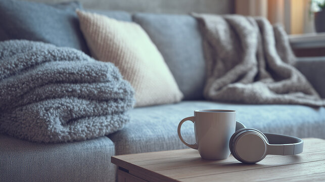 Cozy living room scene with coffee mug headphones and blanket on couch for relaxation and comfort at home