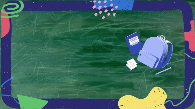 Backpack school book and pencil rest on a chalkboard background with colorful elements near frame.