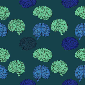 Seamless pattern of stylized human brains in shades of blue and green on a dark teal background, representing science and cognition.
