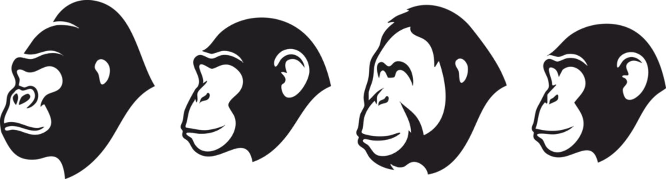 Four Black Primate Head Silhouettes Arranged in a Horizontal Row.