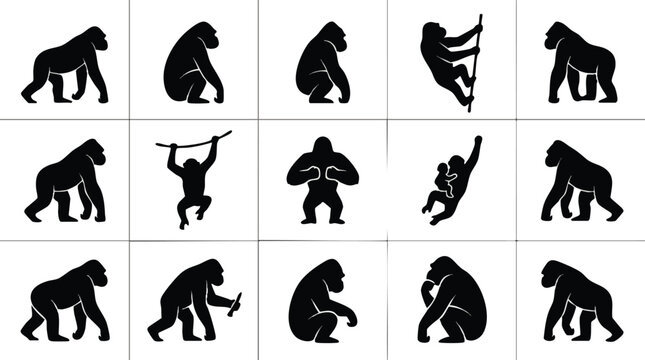 Fifteen Black Gorilla Silhouettes Arranged in a Grid on White.