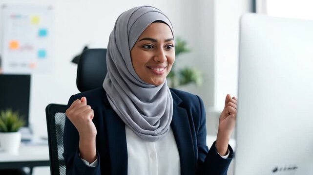 A surprised woman wearing a headscarf and business attire gasps in shock while looking at a computer screen in an office setting