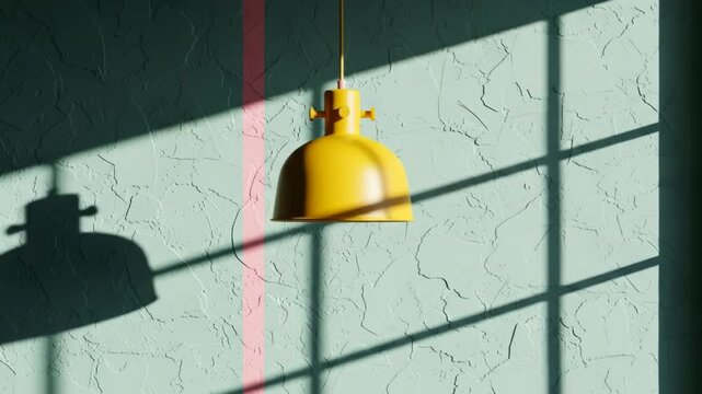 A warm yellow industrial-style pendant light hangs from a ceiling against a textured wall with a grid-patterned window casting shadows